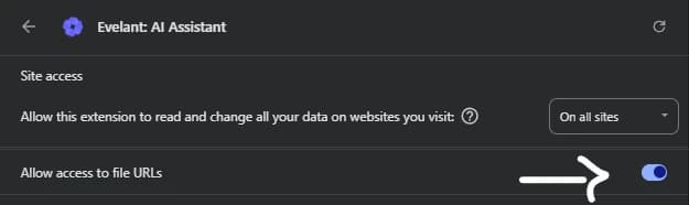 Evelant's extension page in Chrome: Site access set to On all sites, and Allow access to file URLs switched on