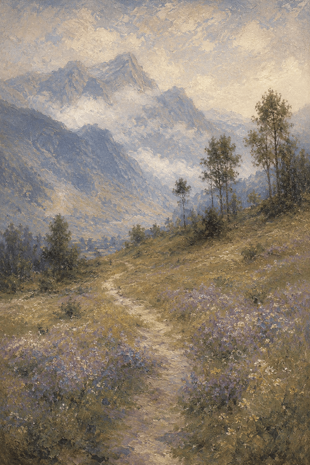 Painting of a path winding up through a mountain meadow