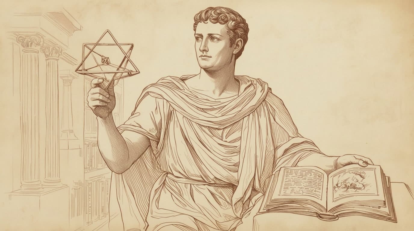 Engraving of a classical scholar holding up a geometric figure