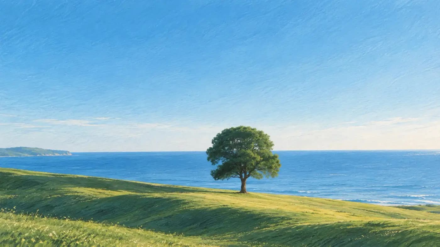 Painting of a lone tree on a grassy headland above the sea